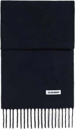Jil Sander Solid Black Fringed Ends Scarf