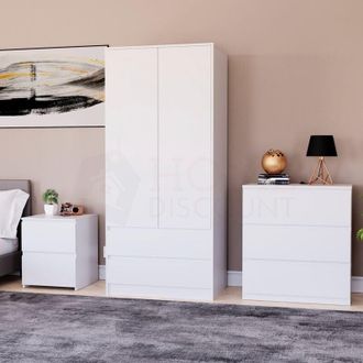 Home Discount 3 Piece Denver Bedroom Set, 2 Drawer Large Bedside Chest, 3 Drawer Chest, 2 Door 2 Drawer Wardrobe, White