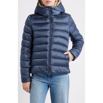 Save The Duck Gretel Faux Shearling Lining Hooded Puffer Jacket in Night Blue at Nordstrom Rack, Size 0(Xs)