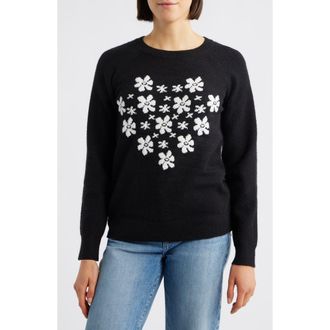 Bobeau Floral Heart Graphic Crewneck Sweater in Black/Ivory at Nordstrom Rack, Size X-Large