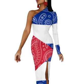 Generic Paisley And Cuban Flag Summer Maxi Dress For Women Half Sleeve Long Dress Slim Split Evening Dresses M