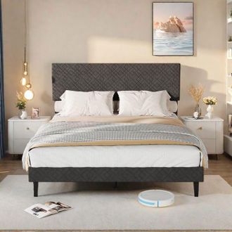 OEM Cama 140x200 Cm, Cama Capitonada Con Somier De Lamas, Estructura De Cama Acolchada Con Cabecera De Forma &Uacute;nica, 2 Personas, Gris
