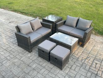 Fimous Wicker Rattan Garden Furniture Sofa Set with Rectangular Coffee Table Double Seat Sofa 2 Small Footstool Side Table 6 Seater in Dark Grey