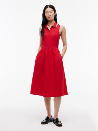 Tommy Hilfiger Womens Mixed-Media Sleeveless Polo Midi Dress - Red - XXL