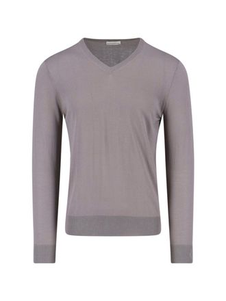 Ballantyne Grey V-Neck Ribbed Cotton Knit Sweater