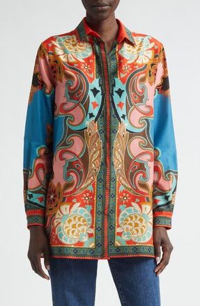 Etro Print Cotton & Silk Tunic Button-Up Shirt in Print On Blue Base at Nordstrom, Size 4 Us