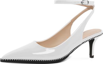 EDEFS Dressy Patent Leather Heels for Women - Studded Ankle Strap Pointed Toe Mid Heel Pumps for Office and Evening White UK11