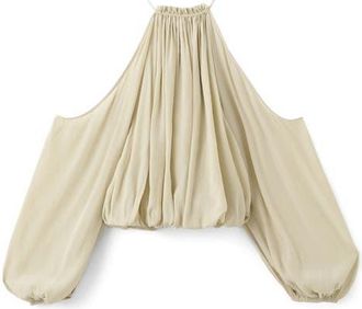 Mango Cold Shoulder Bubble Hem Top in Green at Nordstrom, Size 6