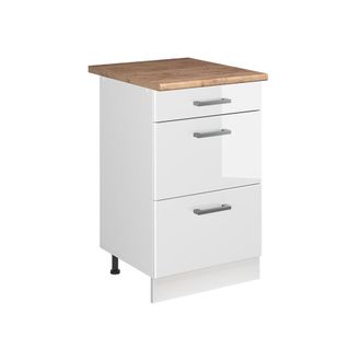 Vicco Mueble Bajo De Cocina R-line, Blanco Alto Brillo/blanco, 50 Cm Encimera Roble Dorado, Vicco