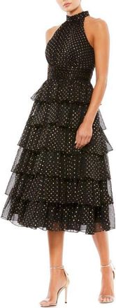 Mac Duggal Layered Polka Dot Halter Cocktail Dress in Black/gold at Nordstrom, Size 0
