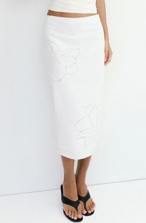 Mango Floral Embroidered Midi Skirt in White at Nordstrom, Size 6