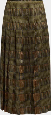 Lafayette 148 New York Pleated Glen Plaid-Print Silk Midi Skirt