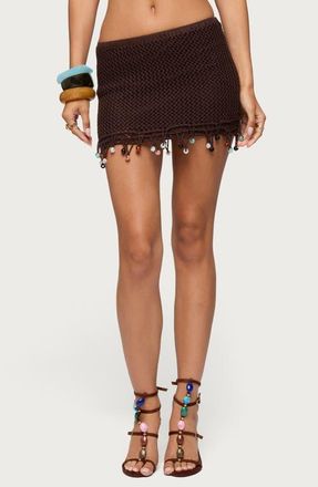 Edikted Zeinab Bead Fringe Knit Miniskirt in Brown at Nordstrom, Size X-Small