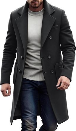 Generic Mens Fashion Trench Coat Wool Blend Double Breasted Overcoat Notched Lapel Collar Long Pea Coats with Pockets Dark Gray