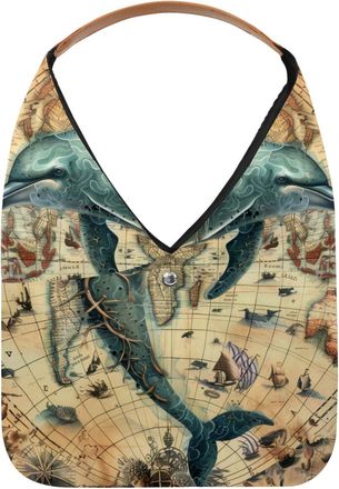 Generic Vintage Map Blue Dolphin Reusable Lightweight Grocery Bags - Foldable Into Compact Pouch, Washable & Sturdy, Multipurpose for Shopping and Travel