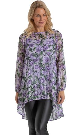 Klass Floral and Stripe Shimmer Dip Hem Georgette Tunic Top - Lavender/Multi - 14
