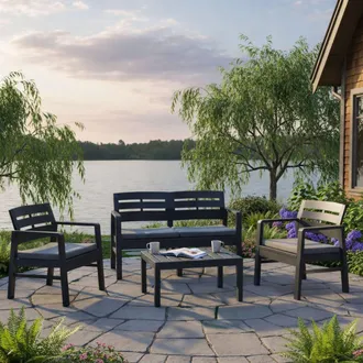 Dmora Set Salotto Da Esterno Massa, Composizione Da Giardino Con 2 Poltrone, 1 Divano Ed 1 Tavolino, Salottino Indoor E Outdoor Con Cuscini, 100% Made In It