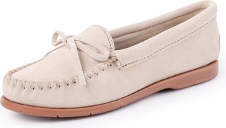 Minnetonka Womens Tie Slip On -Moccasins for Women, Classic Leather Loafer Silhouette, Cushioned Footbed, Stone, 9 UK