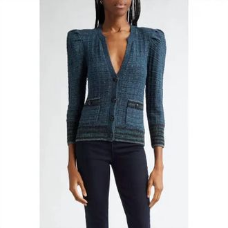 L'agence Jenni Puff Sleeve Cardigan In Dark Teal Waffle Knit
