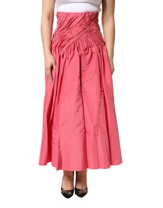 Dolce & Gabbana Pink Silk Pleated High Waist Midi Womens Skirt