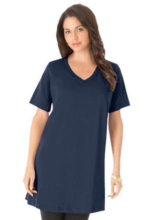Roaman's Plus Size Ultimate Cotton V-Neck Short Sleeve Tunic in Navy at Nordstrom, Size 2X