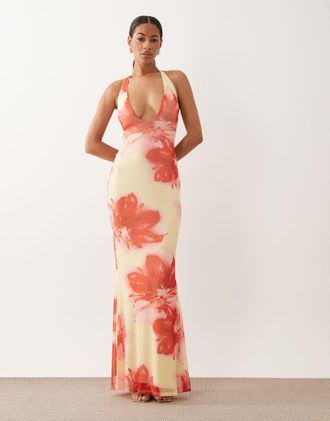 Asos Vestito lungo in rete rosa a fiori con scollo profondo a V-Multi