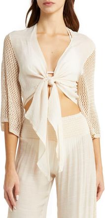 Elan Open Stitch Accent Tie Front Cover-Up Top in Natural at Nordstrom, Size X-Large