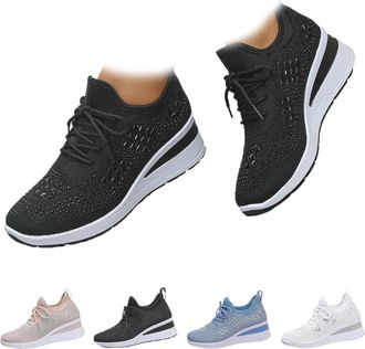 Generic Womens Glittery Rhinestone Fashion Breathable Wedge Sneakers Sparkly Lace Up Wedge Platform Trainers Walking Shoes (Black,6.5)