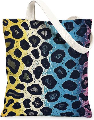 Generic Multicolor Animal Print Canvas Tote Bags, Funky Leopard Design Reusable Shopping Bags, Lightweight Washable Shoulder Strap, Multicolor, 13x15 Inch