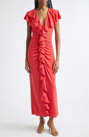 Cinq &agrave; Sept Tallis Ruffle Ruched V Neck Midi Dress in Crimson Aura at Nordstrom, Size 14