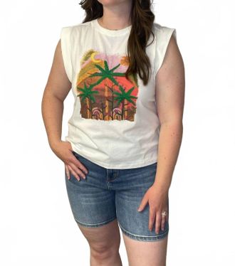 Skies Are Blue Clothing Palm Graphic Sleeveless Tee Top In White