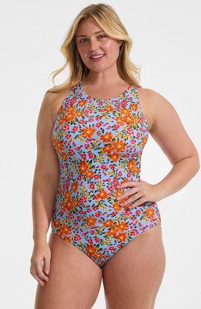 Lands End Tugless High Neck Portrait Back One Piece Swimsuit in Blue Springside Floral at Nordstrom, Size 18W