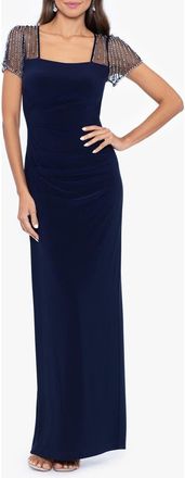 Betsy & Adam Faraj Rhinestone Sleeve Detail Column Gown in Navy/Silver at Nordstrom, Size 10