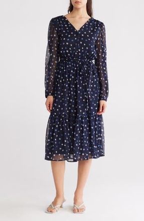DKNY Polka Dot Long Sleeve Chiffon Midi Dress in Navy Multi at Nordstrom Rack, Size 10