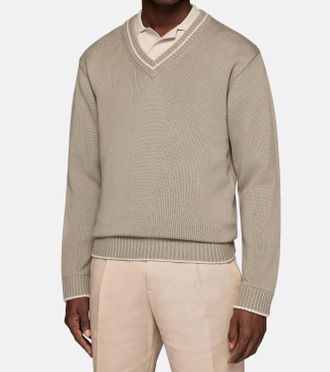 Boggi Milano Cotton & Wool V-Neck Sweater In Taupe
