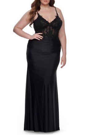 La Femme Long Plus Size Jersey Dress with Illusion Lace Bodice in Black at Nordstrom, Size 24W