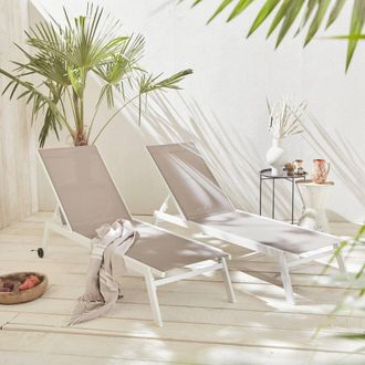 Sweeek Set Of 2 Multi-position Aluminium Sun Loungers With Wheels in Beige