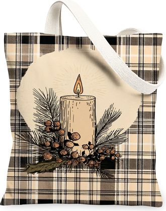 Generic Plaid Candle Canvas Tote Bags, Holiday Pinecones Design Reusable Bags, Vintage Lightweight Washable Shoulder Strap Canvas F, Beige, 13x15 Inch