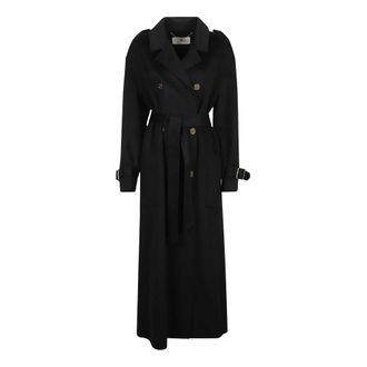 Elisabetta Franchi Jassen, Dames, Zwart, S, Wol, Lange Jas met Riem