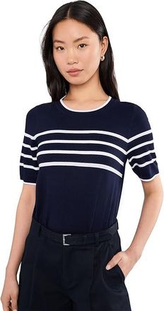 Liverpool L.A. Petite Short Sleeve Crew Neck Sweater Womens Sweater Navy/White Stripe : PXL, Polyester/Viscose