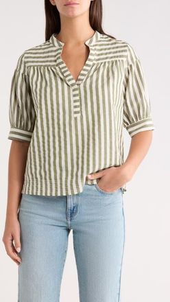 Sugarlips Catana Stripe Split Neck Top in Green White at Nordstrom, Size Small