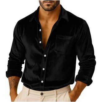 Generic Mens Velvet Shirts - Long Sleeve Button Down Tops, Prom Wedding Party Club, Vintage Retro Dress Tee, Stretch Solid Formal Shirt, Pocket, Business Slim