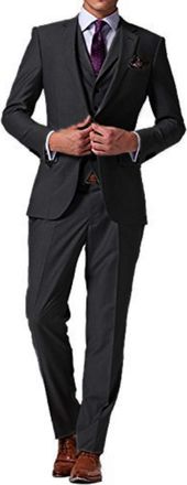 Frank Mens 3 Pieces Suit Elegant Solid Two Buttons Slim Fit Single Breasted Party Blazer Waistcoat Trousers Set Charcoal