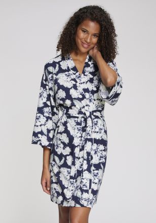 Lascana Kimono LASCANA, Damen, Gr. 32/34, blau (blau, gemustert), Baumwoll-Mix, gemustert, Kurzform, Hausm&auml;ntel Kimono, mit sch&ouml;nem Blumenmuster