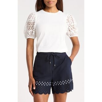 Ellen Tracy Eyelet Puff Sleeve Top in White at Nordstrom Rack, Size X-Large