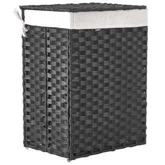 Beliani Cesto Para La Ropa Sucia Plegable De Tejido Trenzado Con Tapa Forro Extra&iacute;ble Hecho A Mano Cuarto De Ba&ntilde;o 83l Negro Mucubaji