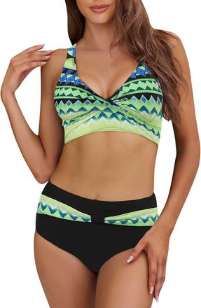 Generic Two Piece Swimsuits Top for Older Women Ladies UK Bikini Sets Tummy Control High Waisted Bottoms Push Up Swimwear Cross Front Bathing Suits Beachwear 