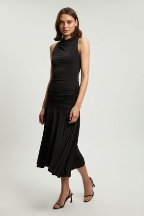 Karen Millen Womens Petite Stretch Drapey Crepe Ruched Hanky Hem Midi Dress - Black - Size X-Small