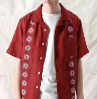 Far Afield Sol Stripe Embroidery Button Down Shirt In Red