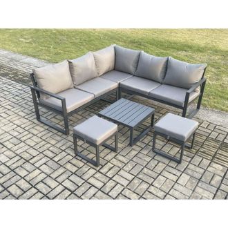 Fimous Outdoor Garden Furniture Set Aluminium Lounge Sofa Square Coffee Table Sets with 2 Small Footstools Indoor Conservatory Set Dark Grey - Fimous
